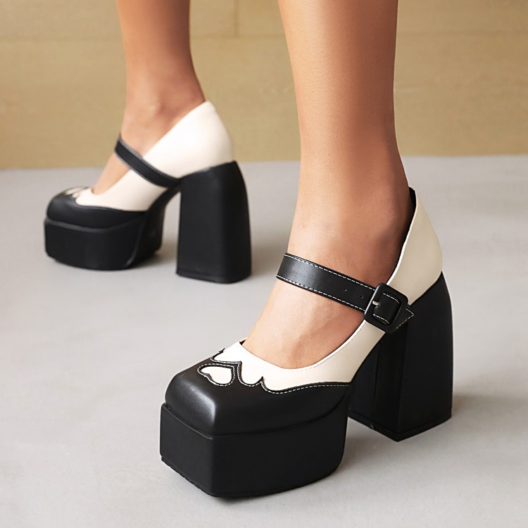 Women's Platform Chunky High Heel Square Toe Ankle Strap Shoes