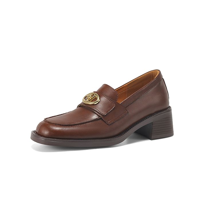 Women's Retro Leather Loafers with Chunky Mid Heel and Metal Detail - Image 5