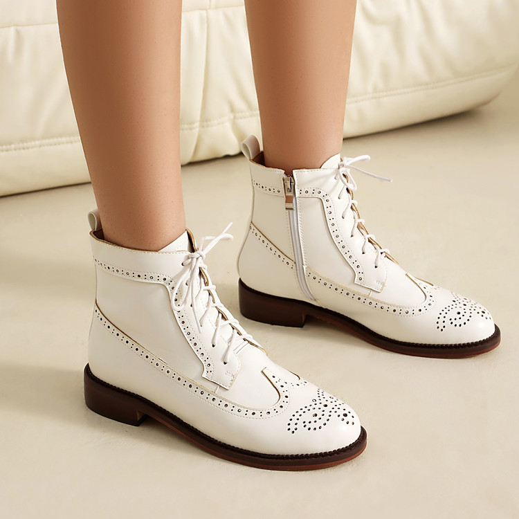 Women's PU Ankle Boots with Lace-Up Closure and Chunky Mid Heel