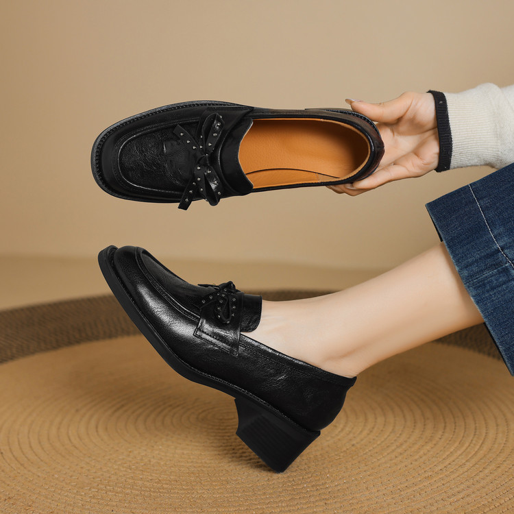 Women's Retro Square Toe Loafers with Bow and Metal Detail Low Chunky Heel - Image 3