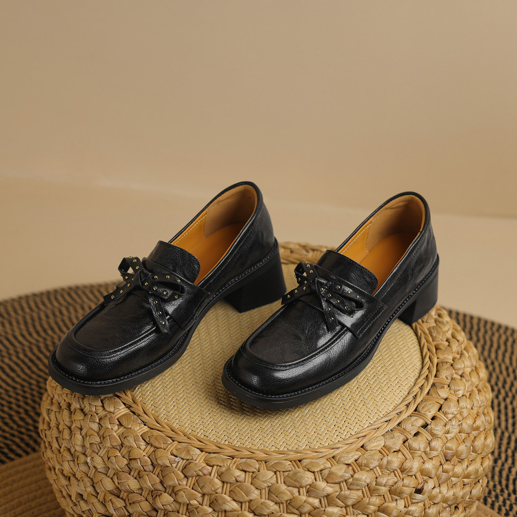 Women's Retro Square Toe Loafers with Bow and Metal Detail Low Chunky Heel - Image 4