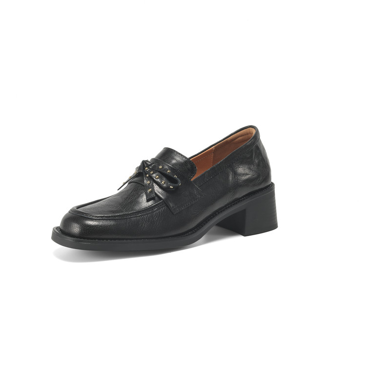 Women's Retro Square Toe Loafers with Bow and Metal Detail Low Chunky Heel - Image 5