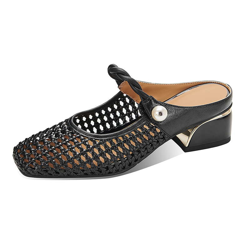Women's Black Leather Closed-Toe Slippers with Metal Detail and Chunky Mid Heel - Image 5