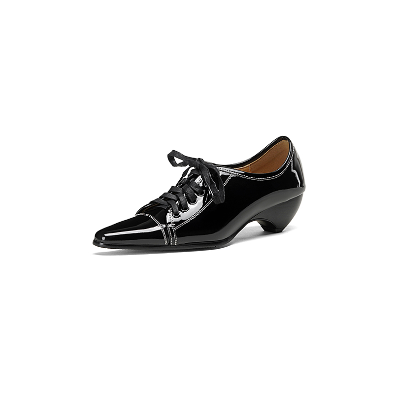 Women's Black Leather Loafers with Lace-Up and Chunky Mid Heel - Image 4
