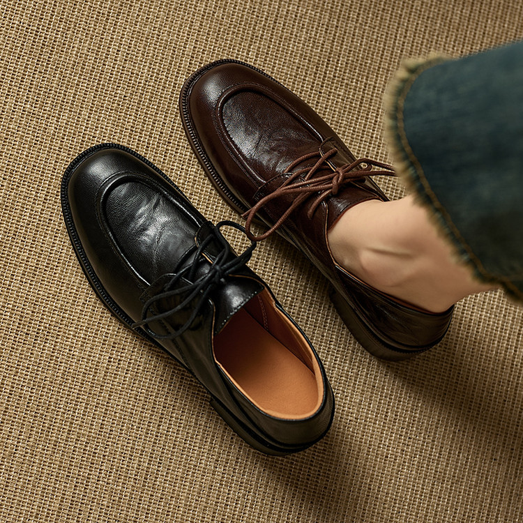 Women's Leather Loafers with Lace-Up and Chunky Heel - Dark Brown or Black - Image 3