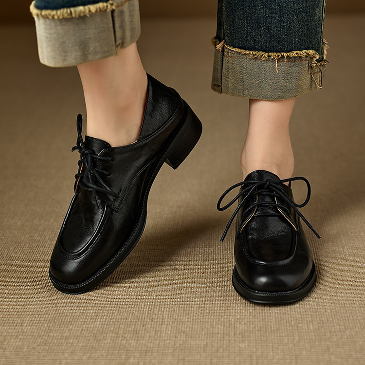 Women's Leather Loafers with Lace-Up and Chunky Heel - Dark Brown or Black - Image 4