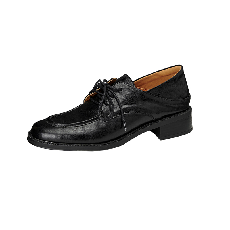 Women's Leather Loafers with Lace-Up and Chunky Heel - Dark Brown or Black - Image 5