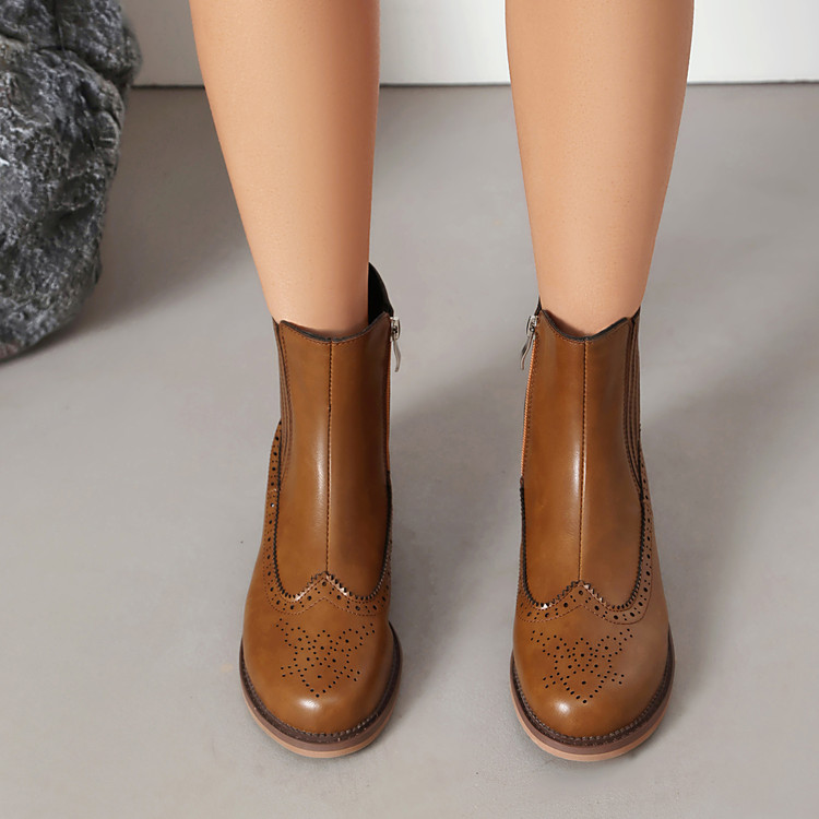 Women's Korean Style Ankle Boots with Chunky Mid Heel and Side Zipper